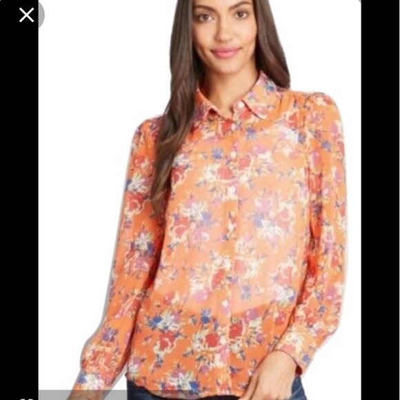 ModCloth sheer Orange floral button up Long sleeved blouse - Picture 3 of 8